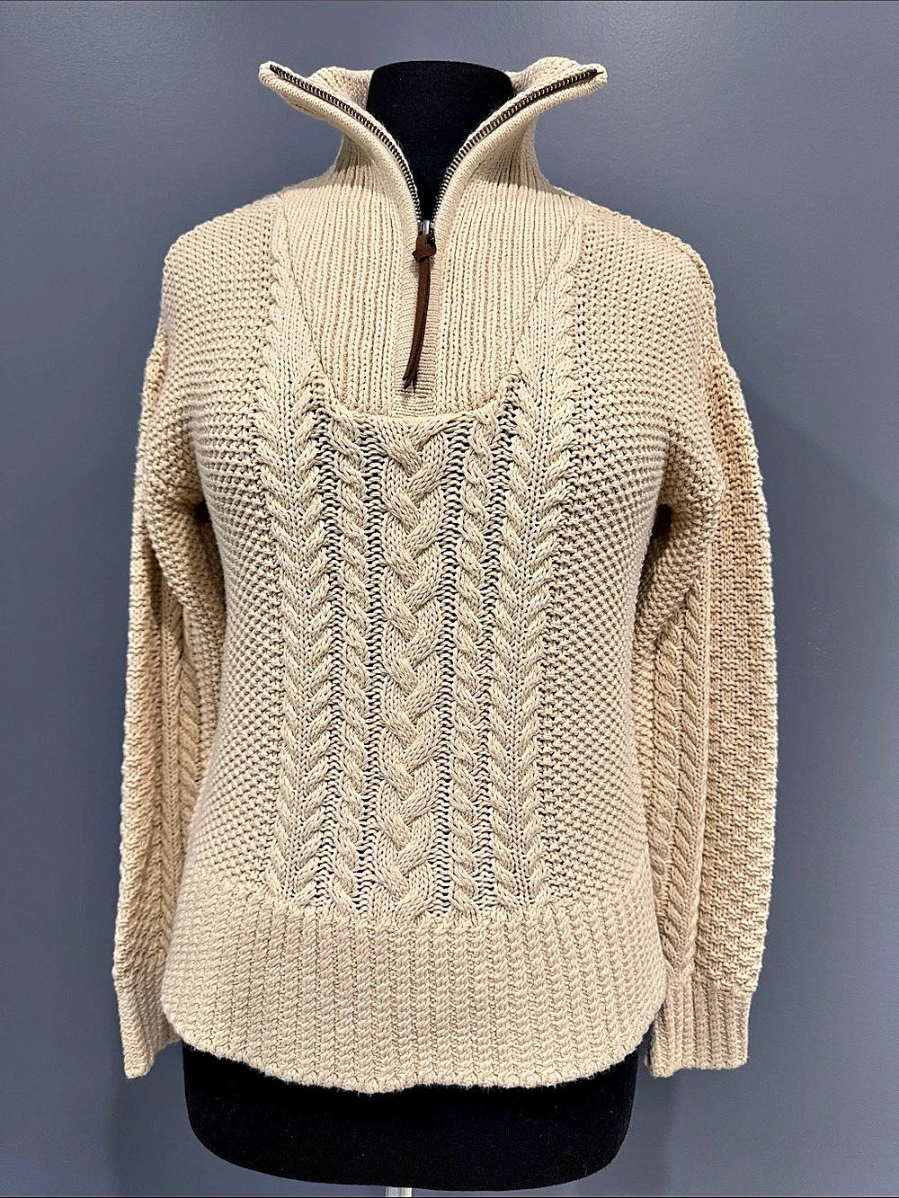 L.L.Bean Signature Fisherman 14 Zip Sweater Cable Knit Beige XS NWT
